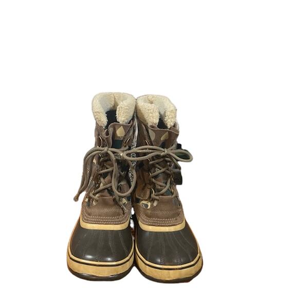 Sorel Pac Tan Graphic Lace Up Fur Trim Winter Snow Boots Women Sz 8 - Picture 2 of 15